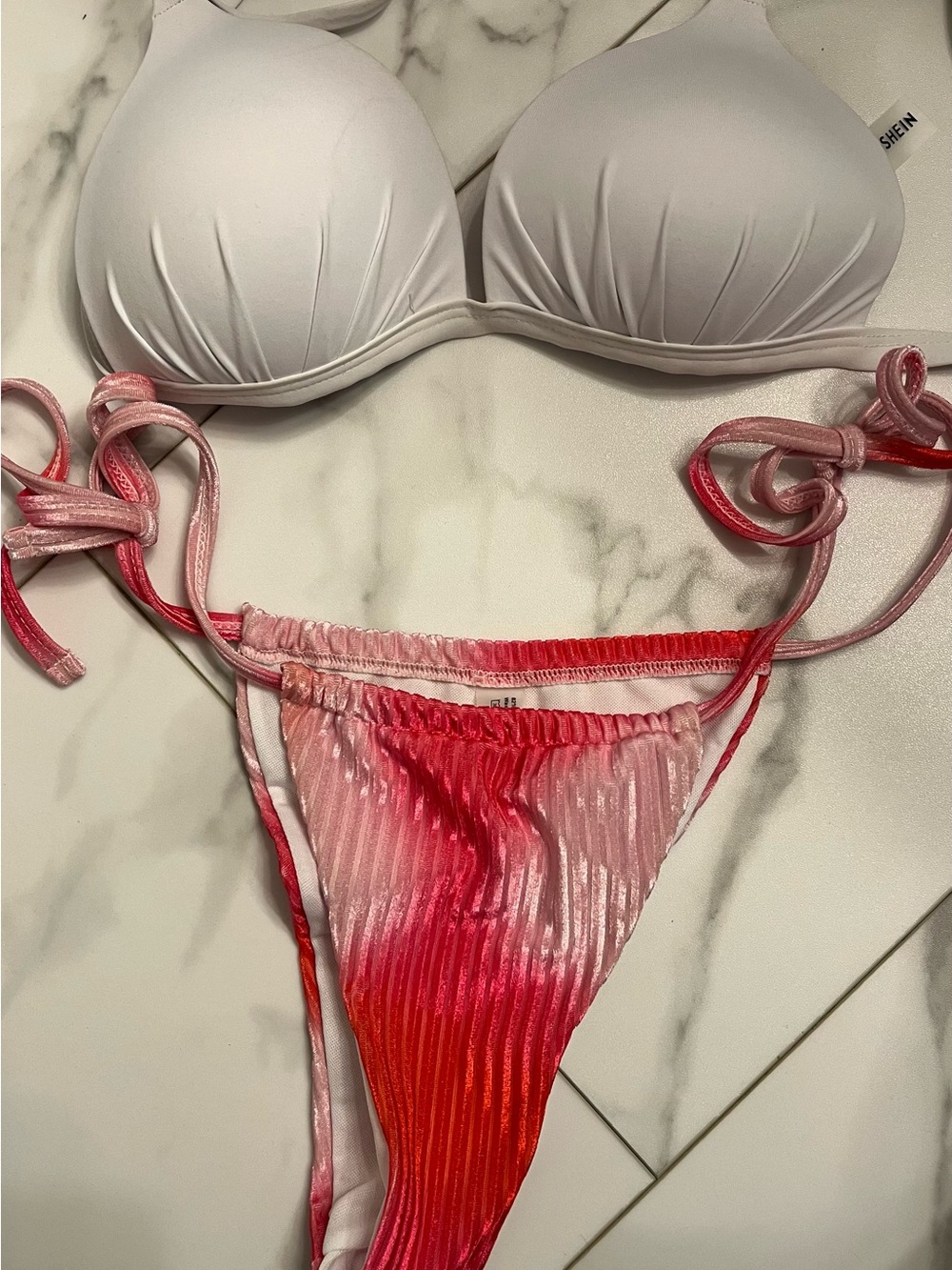 SHEIN Pink to Red Ombre Ribbed Tie-Side Bikini Bottom With white top